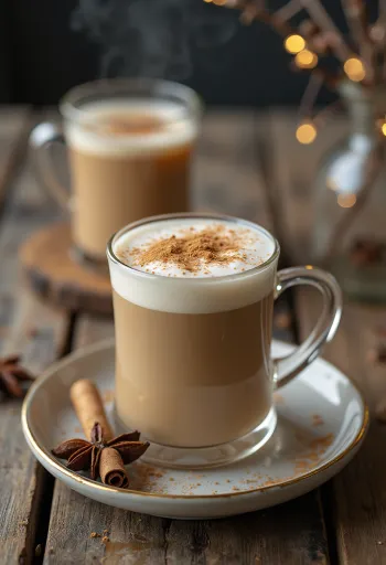 Chai tea latte u šalici, ukrašen cimetom i kardamomom