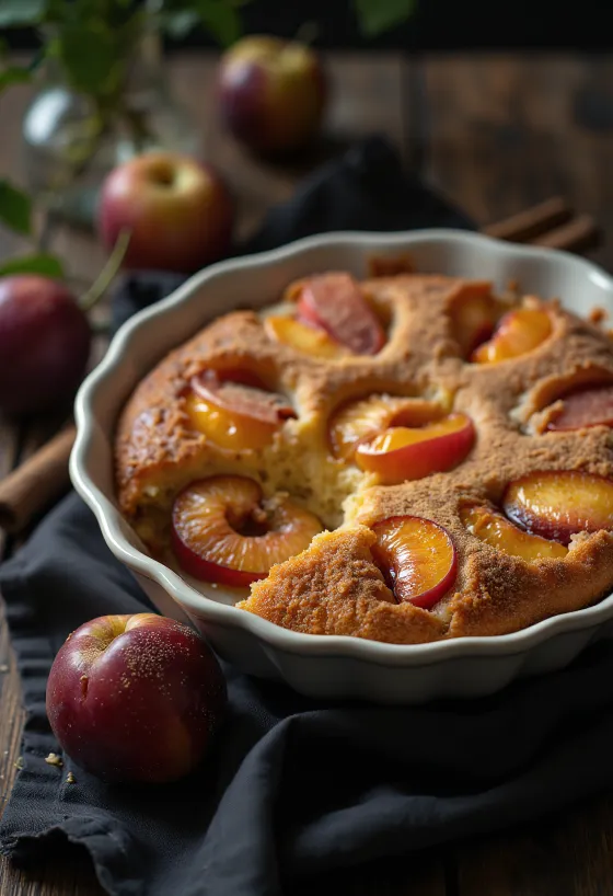 Torta sa šljivama i cimetom poslužena sa šećerom u prahu i cimetom