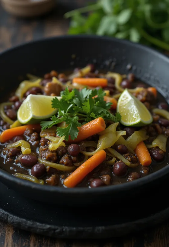 Veganska Feijoada, jelo od graha posluženo s povrćem, limetom i korijanderom