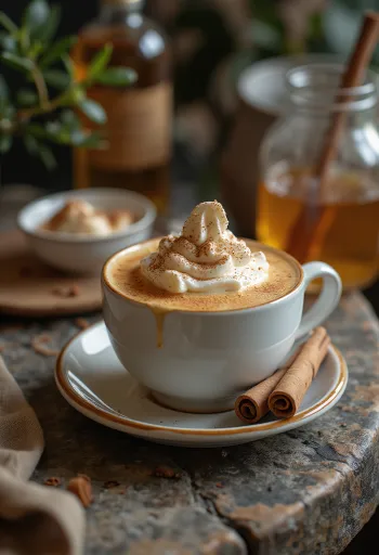 Medeno-cimet latte, ukrašen tučenim vrhnjem i štapićem cimeta
