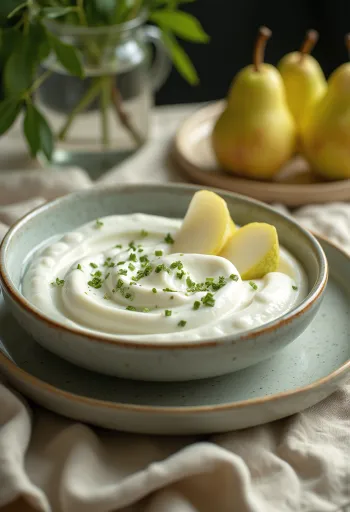 Jogurt s kruškom i metvicom u čašama, kremaste svijetle boje, s komadićima kruške