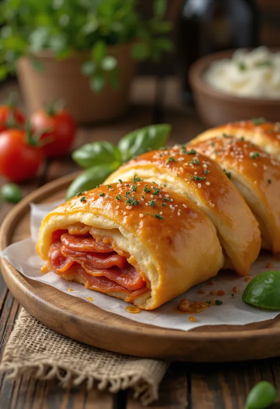 Stromboli s feferonima serviran, s bogatim feferonima i otopljenom mozzarellom na vrhu, izvana hrskav, a iznutra mekan.
