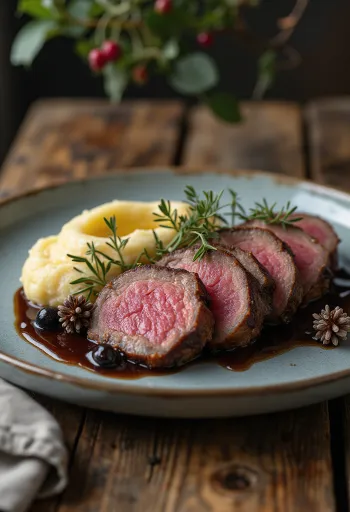 Hrbat jelena s umakom od borovice poslužen s pečenim povrćem