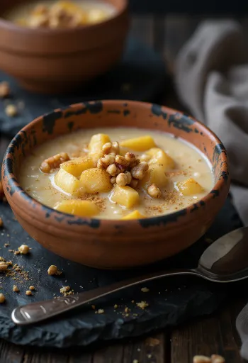 Kheer s jabukama i orasima, puding od riže ukrašen orasima i kardamomom