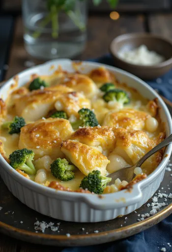 Bacalhau com natas s brokulom, pečeno jelo od ribe zlatnosmeđe boje s brokulom