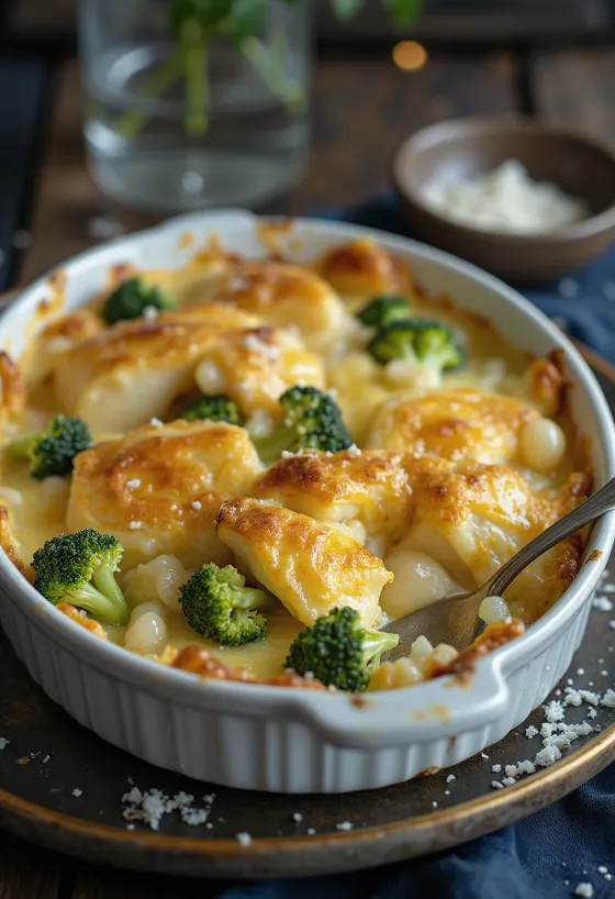 Bacalhau com natas s brokulom, pečeno jelo od ribe zlatnosmeđe boje s brokulom