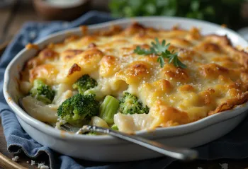 Bacalhau com natas s brokulom, pečeno jelo od ribe zlatnosmeđe boje s brokulom