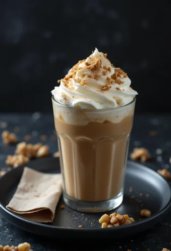 Cimet-orah frappuccino ukrašen tučenim vrhnjem i mljevenim orasima