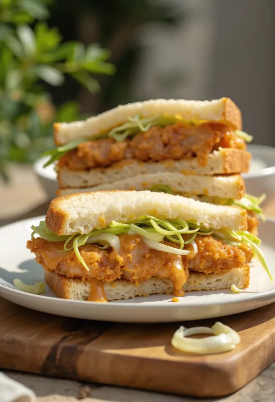 Prerezani Katsu Sando sendvič s debelom pohanom pljeskavicom i kupusom