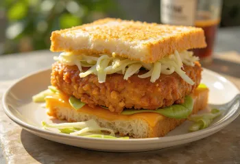 Prerezani Katsu Sando sendvič s debelom pohanom pljeskavicom i kupusom