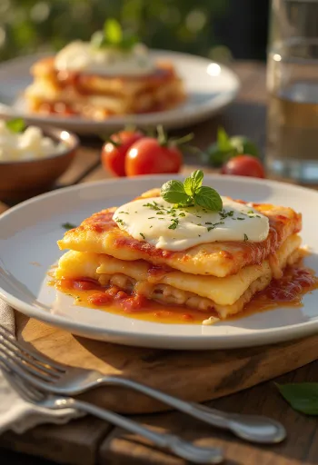 Parmigiana s mozzarellom, poslužena s patlidžanom i umakom od rajčice