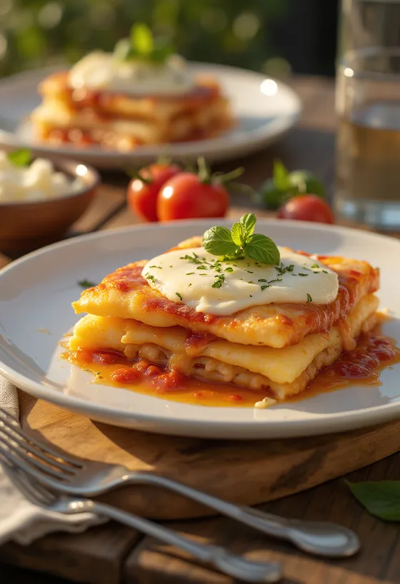Parmigiana s mozzarellom, poslužena s patlidžanom i umakom od rajčice
