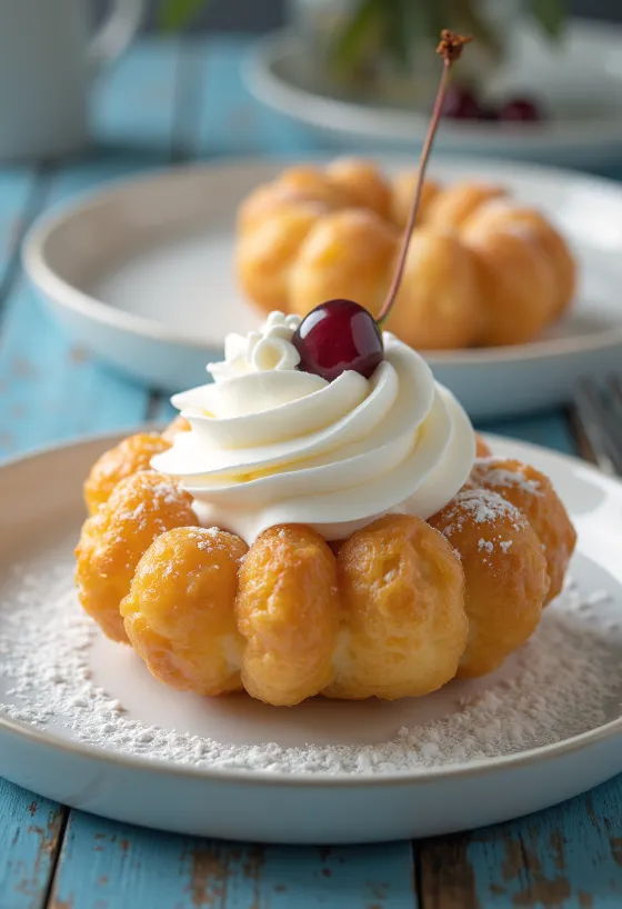 Talijanske krafne zeppole punjene šlagom i ukrašene višnjom