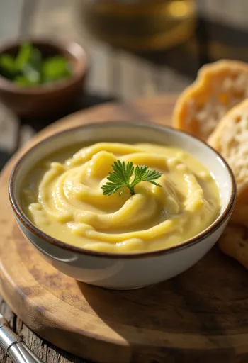 Gusti bijeli alioli umak u keramičkoj posudi