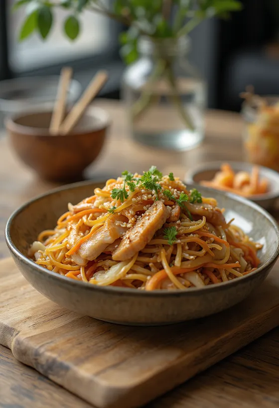 Yakisoba s piletinom, japanska tjestenina iz woka s hrskavim povrćem