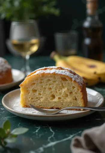 Kolač od banane zlatnosmeđe boje, narezan na kriške
