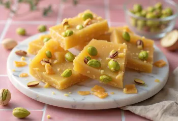Chikki s pistacijama ugrađenim u karamelu, narezan na komade