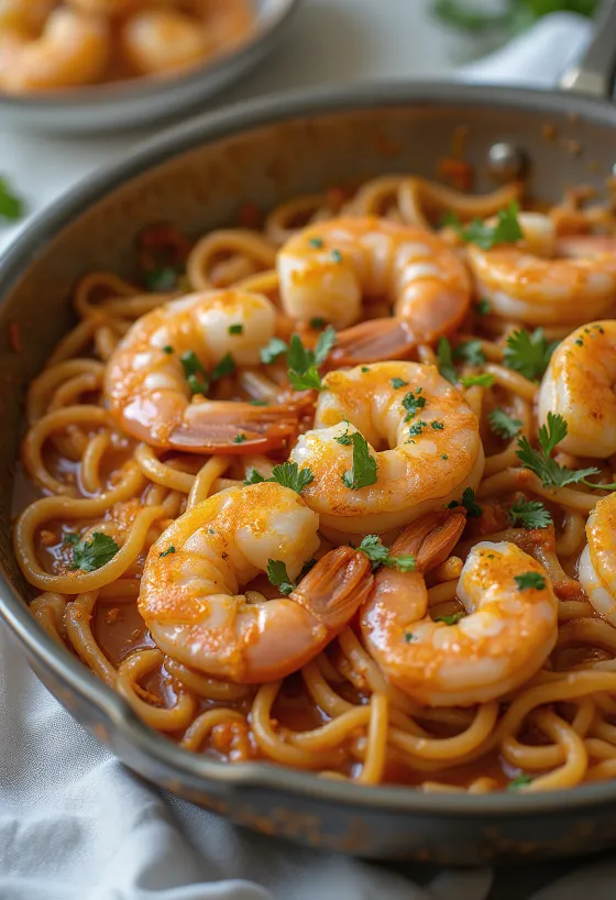 Fideuà amb Gambes, posluženo s kozicama i bogatim umakom od rajčice, španjolsko jelo