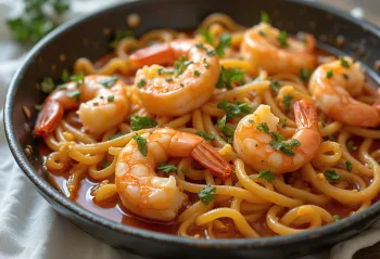 Fideuà amb Gambes, posluženo s kozicama i bogatim umakom od rajčice, španjolsko jelo