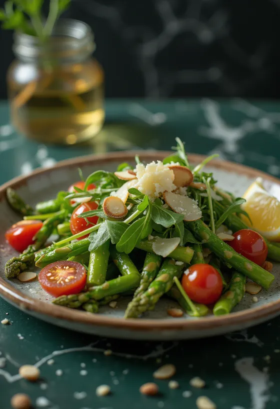 Zelena salata od šparoga i rajčica na tanjuru