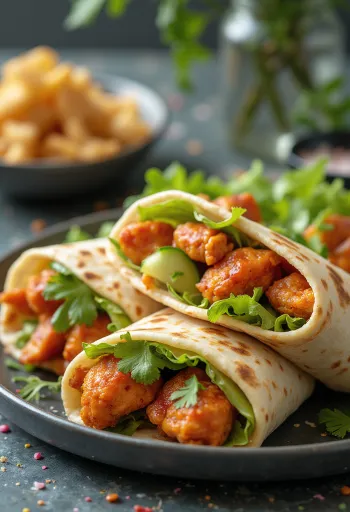 Tandoori piletina wrap poslužen, komadići začinjene piletine, s krastavcem i korijanderom