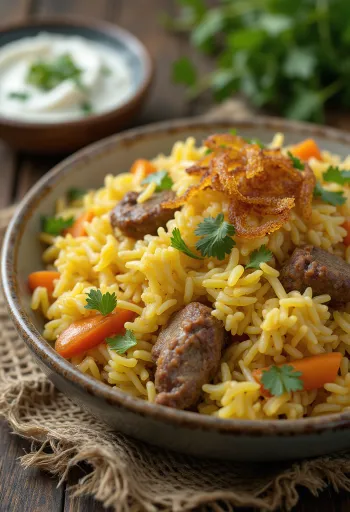 Povrtni biryani s janjetinom, bogata začinjena riža i meka janjetina