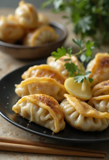 Gyoza s đumbirom, hrskavog dna, s finim punjenjem, poslužena s umakom od đumbira.