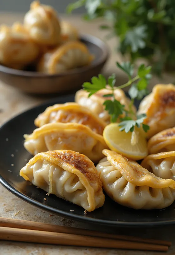 Gyoza s đumbirom, hrskavog dna, s finim punjenjem, poslužena s umakom od đumbira.