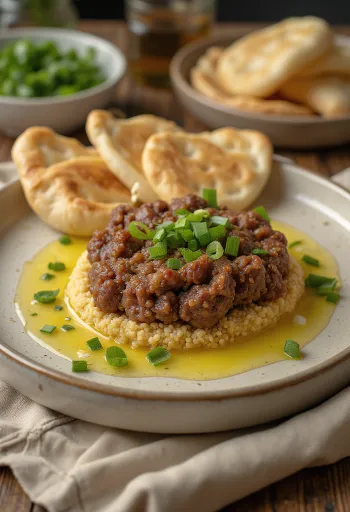 Kibbeh Nayyeh poslužen sa svježim pita kruhom i sjemenkama nara