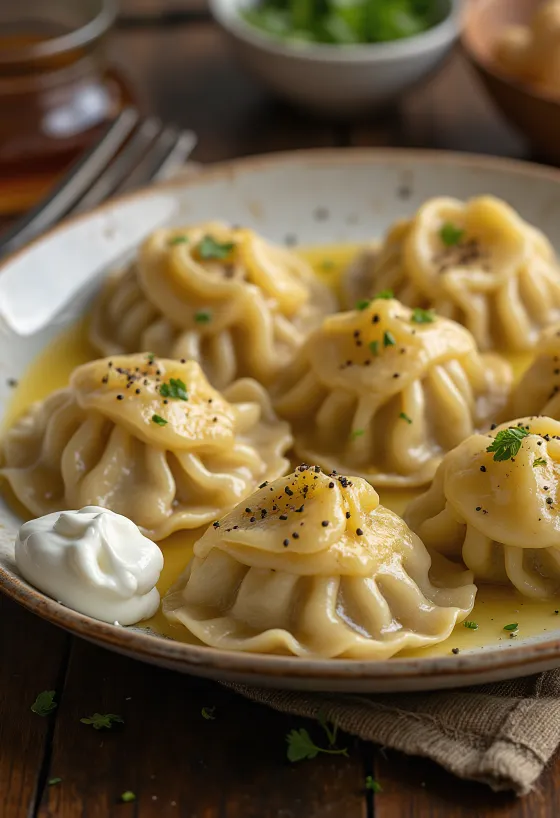 Ruski pelmeni s govedinom posluženi s kiselim vrhnjem