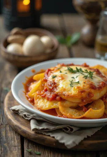 Parmigiana s pečenim krumpirom, slojevito s patlidžanom i sirom, pečena u umaku od rajčice