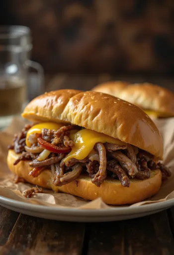 Philly cheesesteak poslužen s prženim krumpirićima i salatom