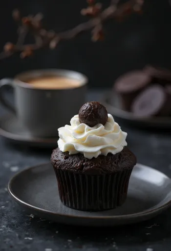 Poslužen cupcake s čokoladnim tartufima i kavom