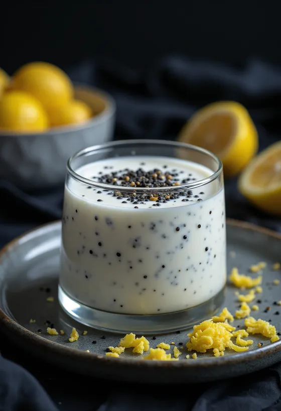 Kefir s makom poslužen u čašama, ukrašen cijelim sjemenkama maka