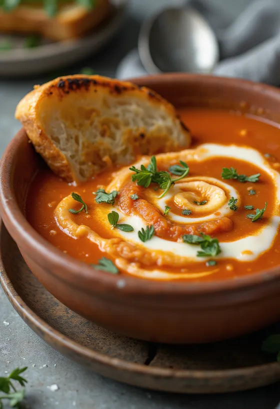 Krem juha od rajčice s vrhnjem i bosiljkom poslužena