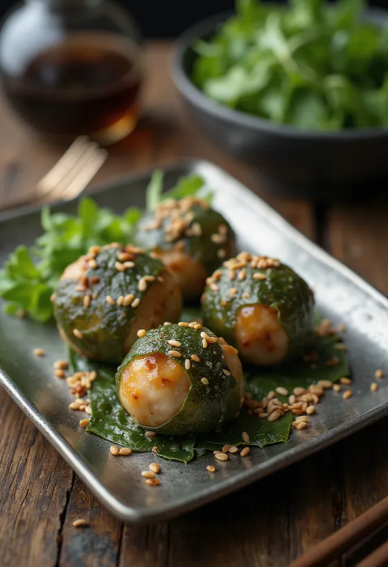 Tsukune sa shisom, pileće mesne okruglice sa shiso listovima, poslužene sa sezamom