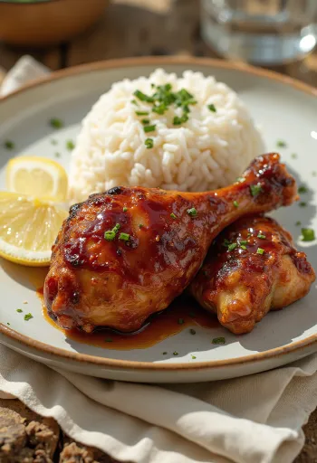 BBQ pileći batak serviran s kuhanom rižom