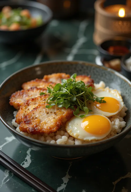 Katsudon punjen Takana-zuke kiselim listovima gorušice, na tanjuru