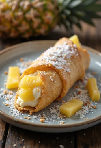 Cannoli s ananasom i kokosom serviran desert