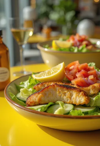 Svježa pileća salata s hrskavim povrćem i grilanim pilećim prsima, s preljevom od balzamičnog octa.