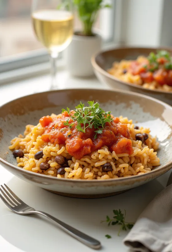 Koshari sa začinjenim maslinovim uljem, egipatsko jelo od riže, leće i makarona, s bogatim začinjenim maslinovim uljem i umakom od rajčice