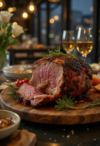 Pečena divlja svinja s glazurom od meda poslužena s pečenim povrćem