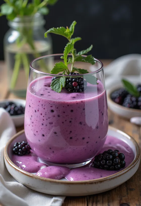 Smoothie od kupina i mente u čaši, ukrašen svježom mentom i kupinama