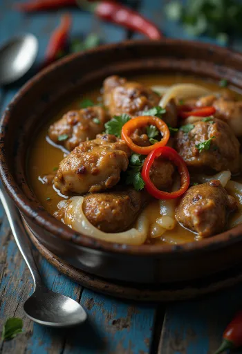 Adobo s kokosovim mlijekom, bogato, začinjeno jelo posluženo s rižom i korijanderom