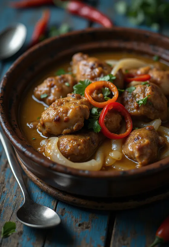 Adobo s kokosovim mlijekom, bogato, začinjeno jelo posluženo s rižom i korijanderom