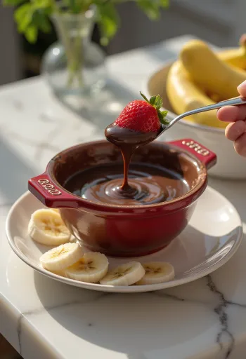 Vrući čokoladni fondue poslužen s voćem i komadićima biskvita