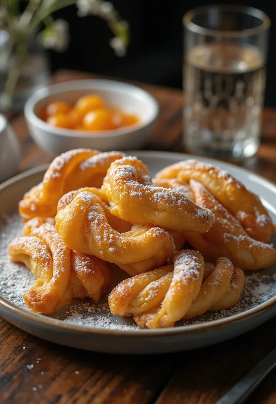 Kroštule posute šećerom u prahu, poslužene s pekmezom