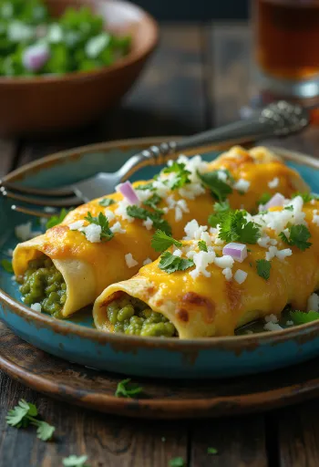Enchilada s povrćem prelivena zelenim umakom i posuta korijanderom
