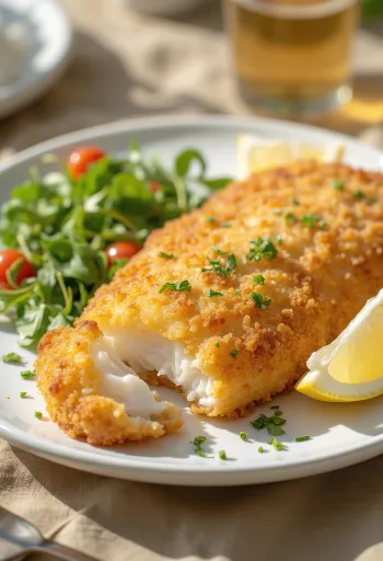 Hrskavi pohani riblji file pečen do zlatno-smeđe boje, poslužen sa svježim kolutovima limuna i povrćem.