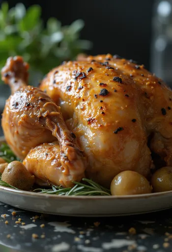 Pečeni kopun s maslacem od tartufa poslužen s pečenim povrćem